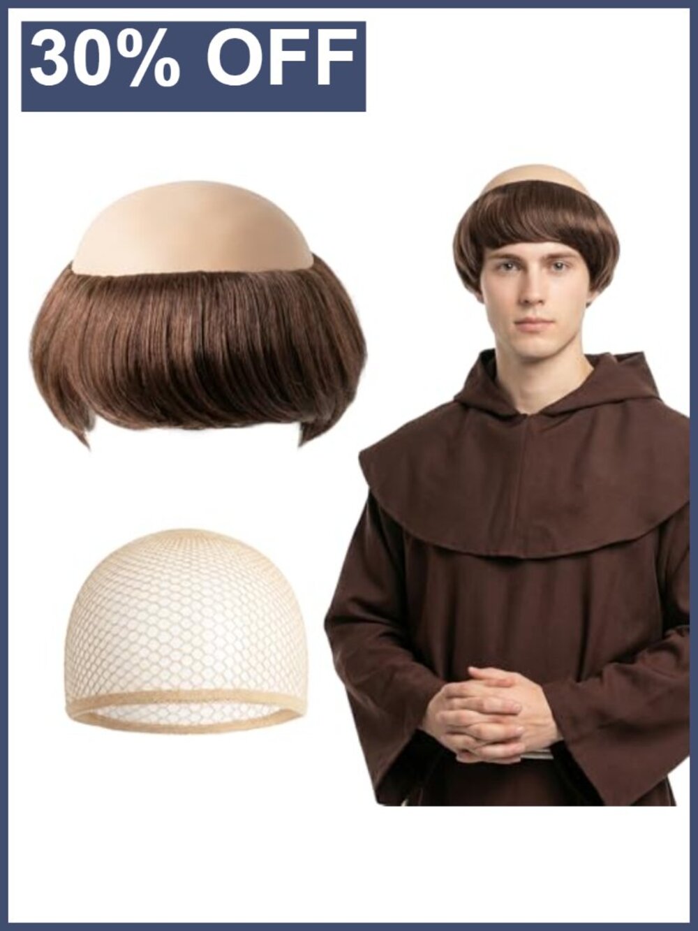 Monk Wig for Men Bald Brown Short Synthetic Cosplay Halloween Accessory
